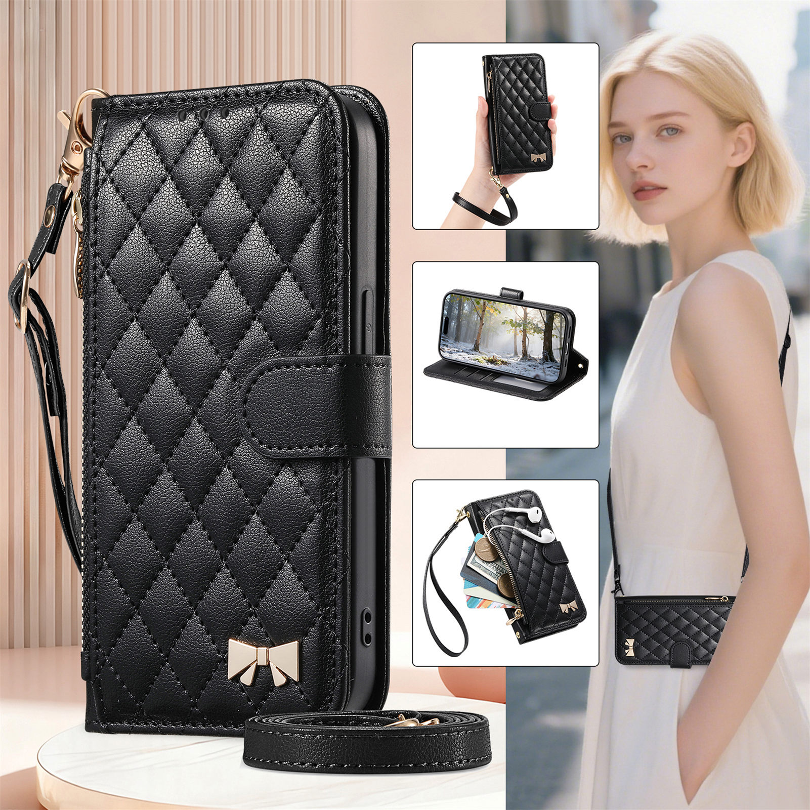 PU Leather Zipper Crossbody Wr - Phone Cases With Loop ulasan dan harga